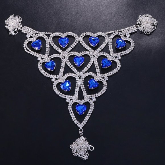 Rhinestone Blue Heart Body Chain Lingerie Bra Chest Chain Thong Set Body Jewelry - Picture 3 of 5